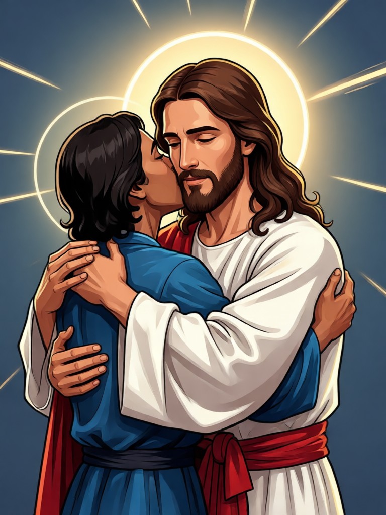 AI Jesus hug video example peaceful expression