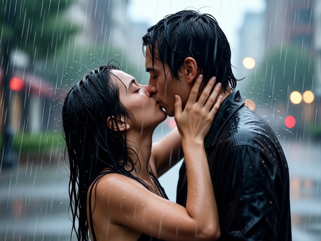 Realistic rain and kissing animation feature