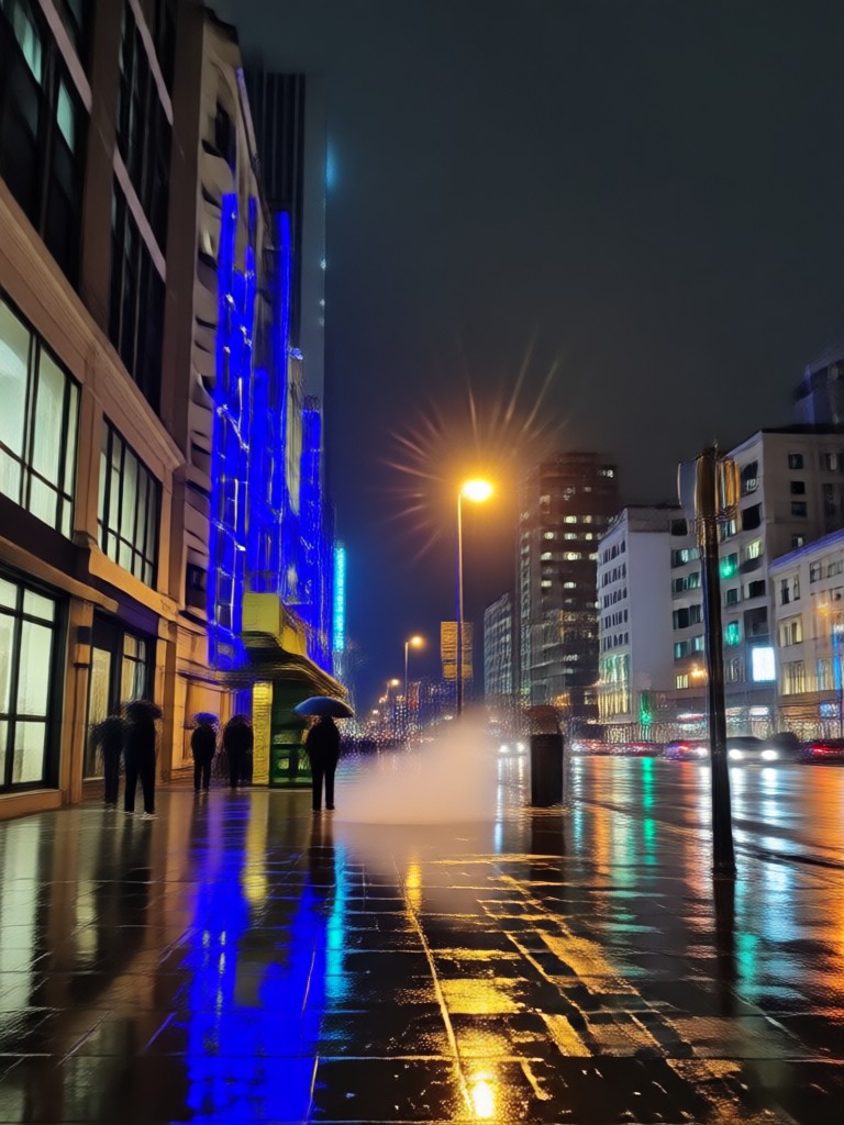 Dreamy, soft focus rain hug in a neon alleyway