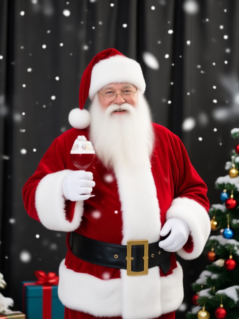 Santa waving from a rooftop at night