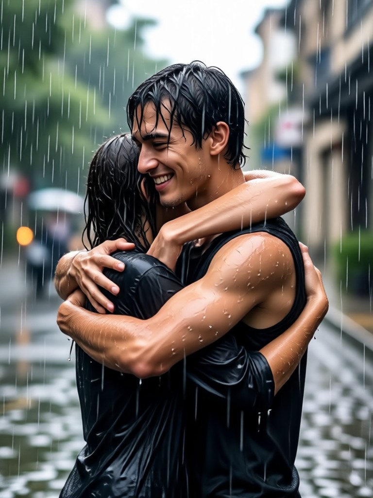 AI generated rainy night hug from separate portraits