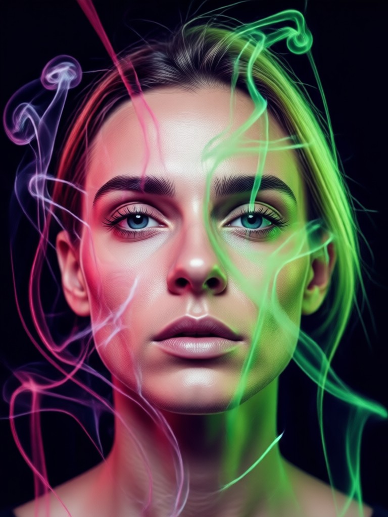 Retrato con humo azul frío y amarillo cálido