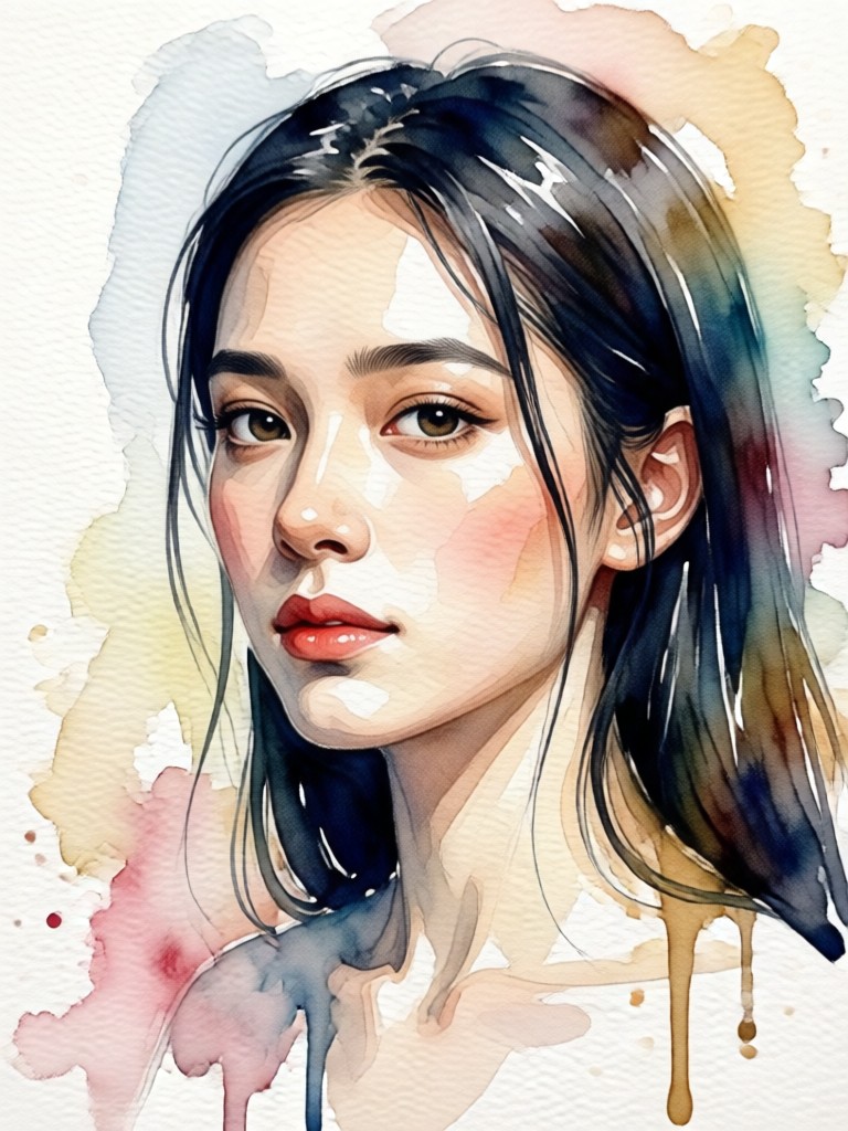 KI-Aquarellporträt einer Frau mit weichem Blumenhintergrund