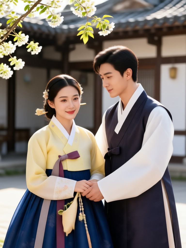 Dramatic evening Hanbok portrait with lantern lighting