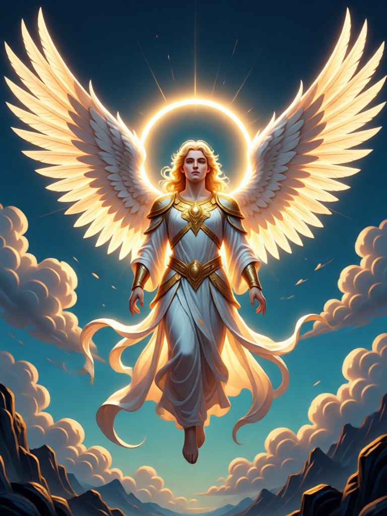 Ángel de batalla empuñando una espada de pura luz
