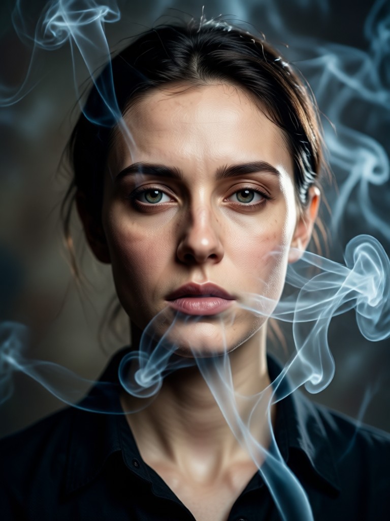 Moody black and white smoky portrait
