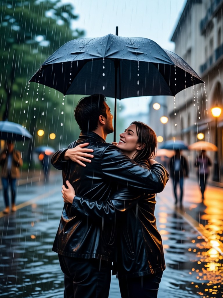 Parent and child emotional rain embrace