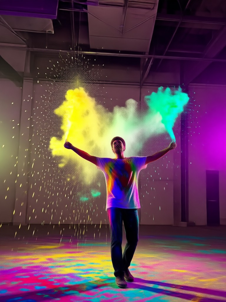 Friend group photo with realistic, dynamic AI Holi color cloud effects
