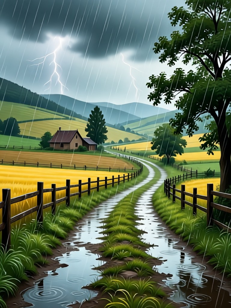 Country lane with puddles and rain AI scene
