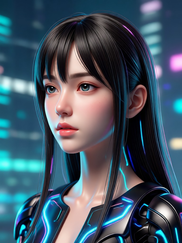 Anime AI girl character in a neon cityscape