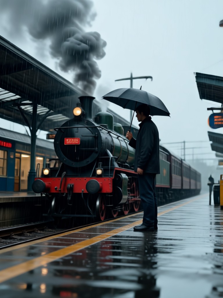 スローモーションの雨の駅キス動画生成