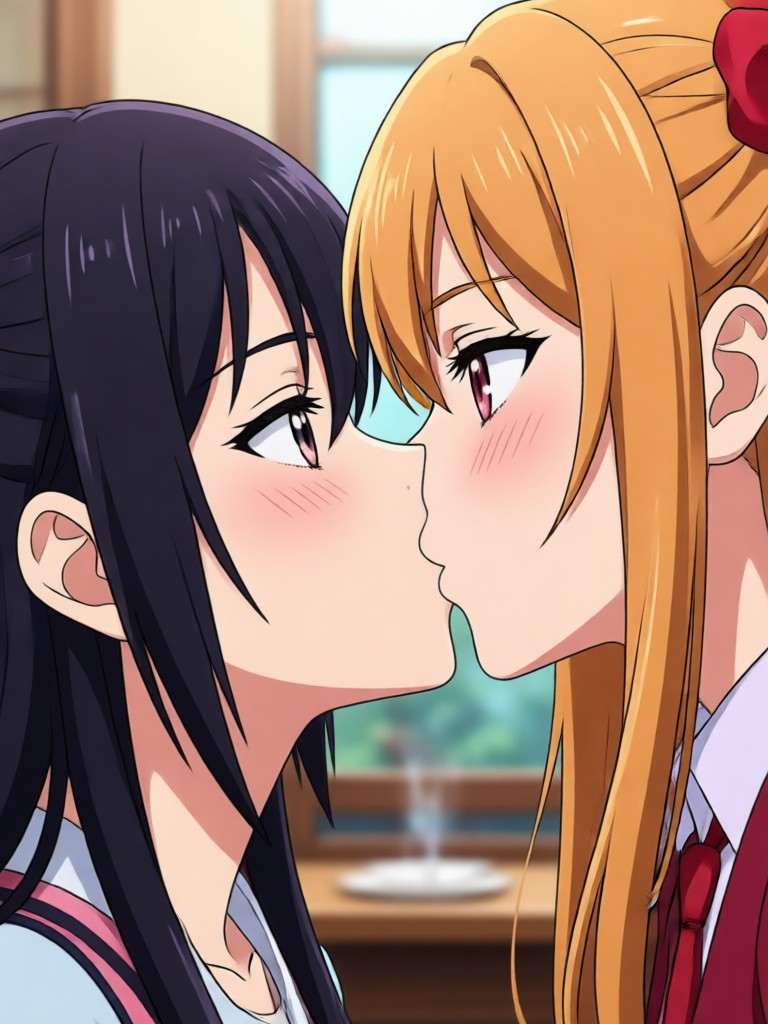 Gentle, Ghibli inspired forehead kiss in a forest