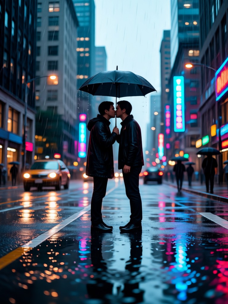 雨傘の下でキスするカップル