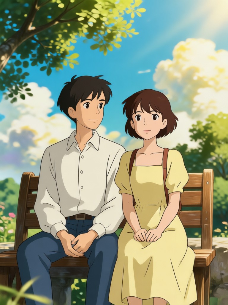 Soft pastel Ghibli couple cuddling with soot sprites