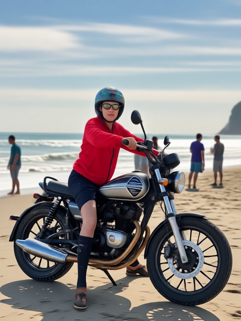 AI generated sportbike leaning into a turn on a wet sandy shore
