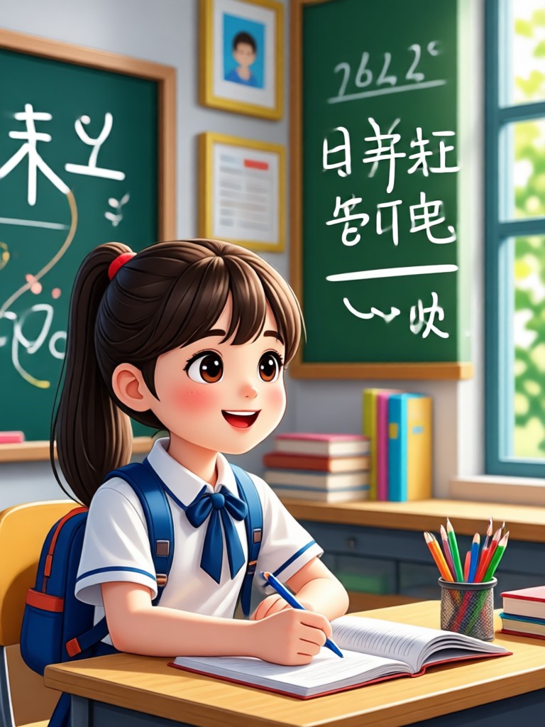 Student holding AI-generated 'First Grade' sign