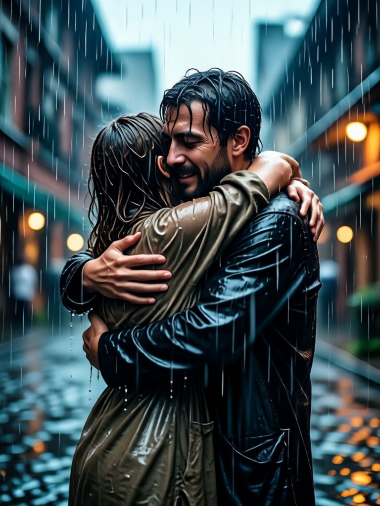 AI video of couple in rainy window scene