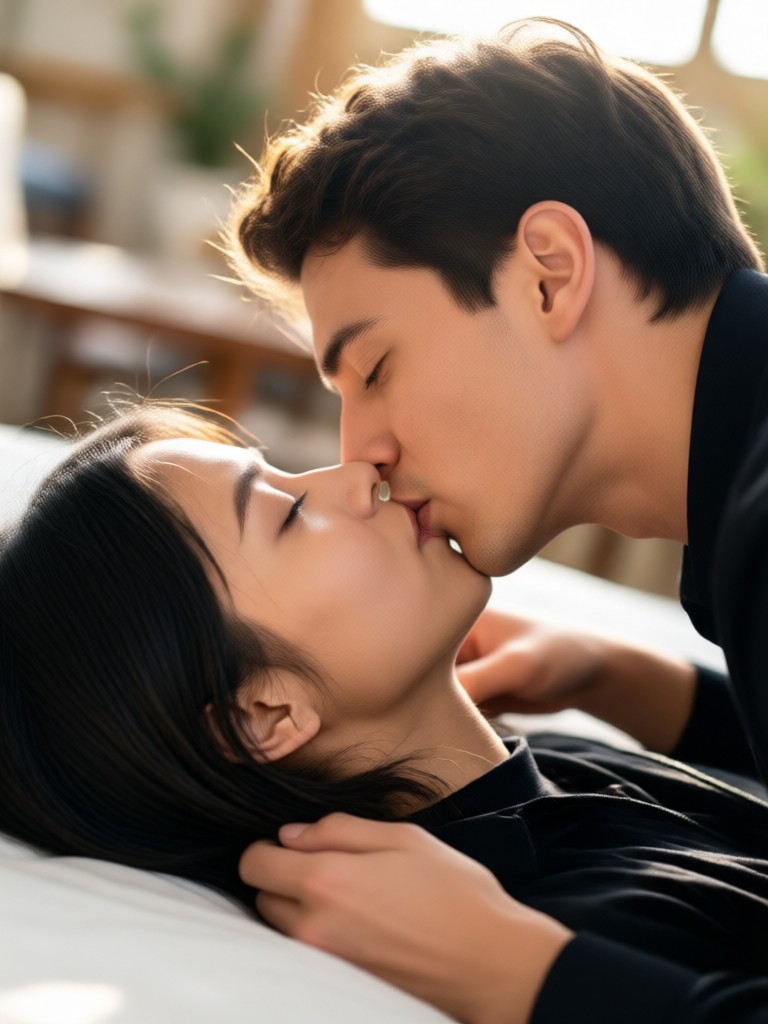 Foto familiar con transformación romántica de beso con IA