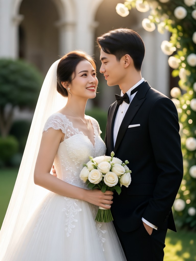 Golden hour sunset beach AI wedding portrait