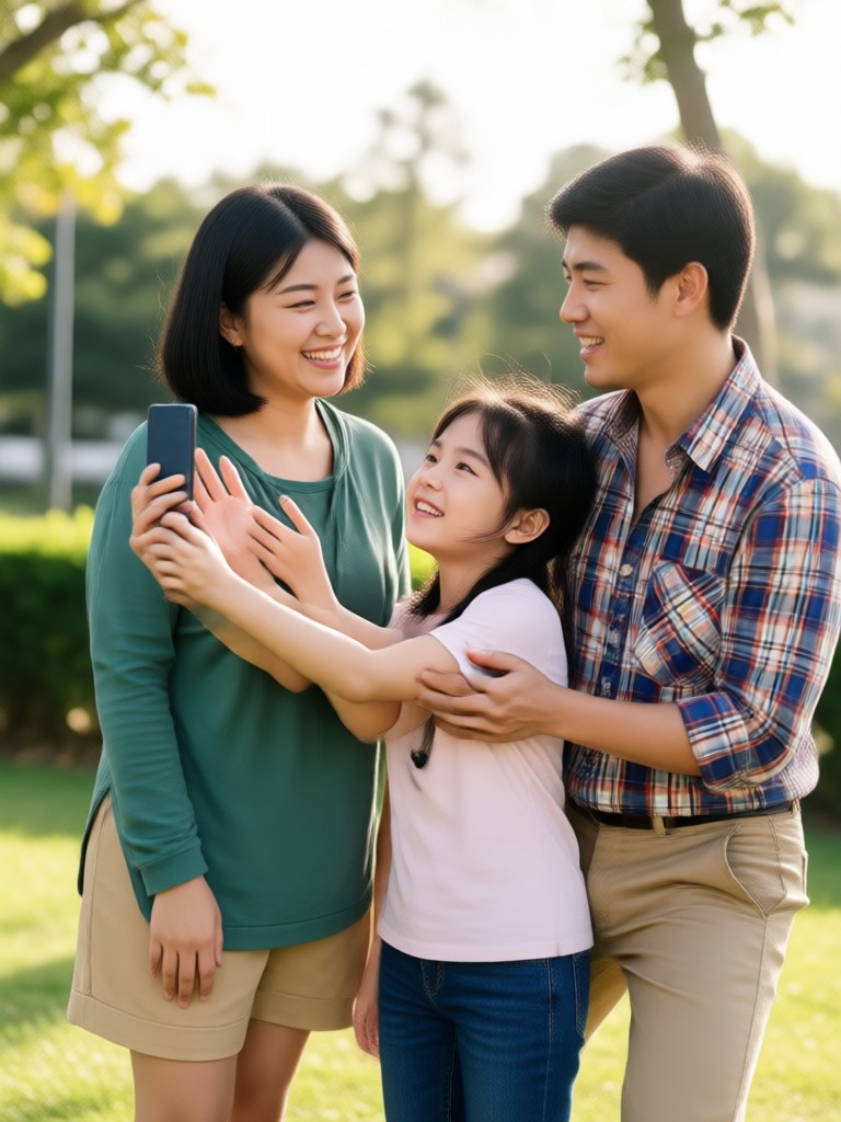 Family laughing together with animated blinking and head tilts