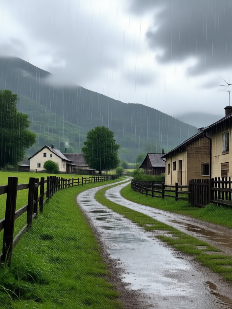 Watercolor style rainy village scene AI art