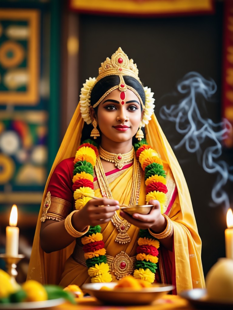 Close up AI portrait with perfect bindi and flower garland