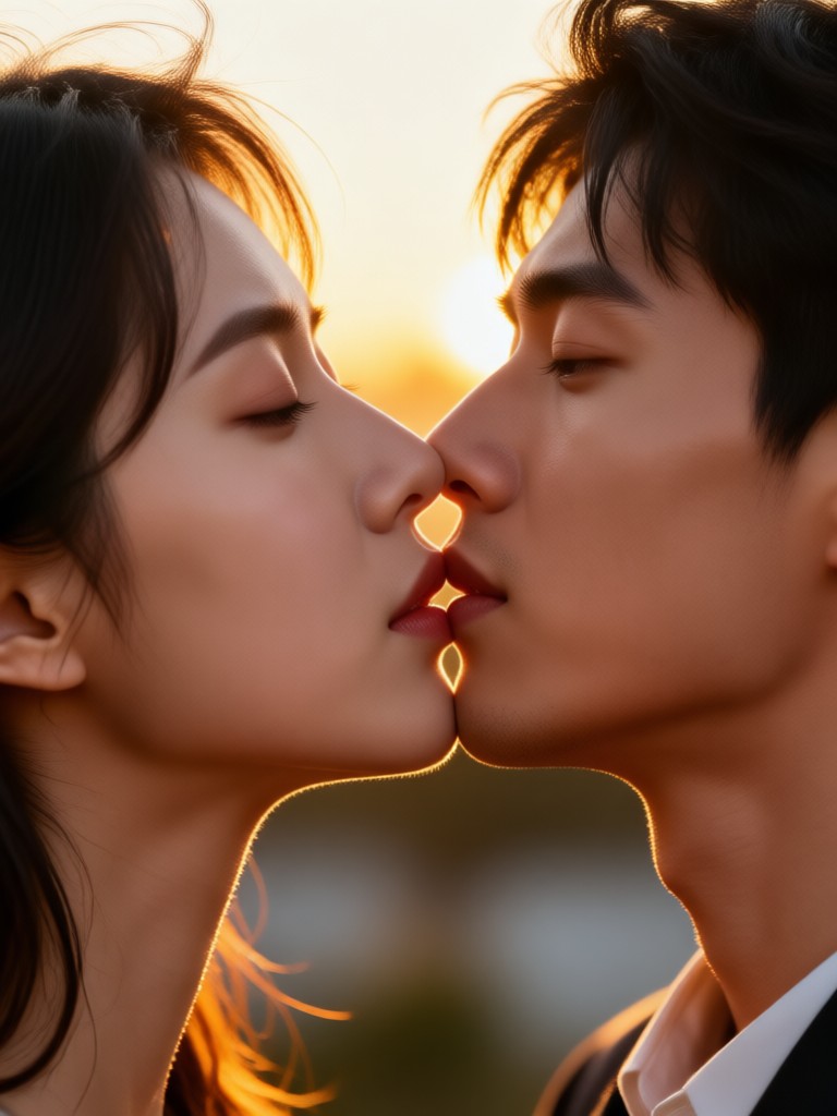 Golden-hour romantisches Kussvideo KI
