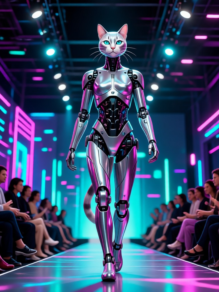 Futuristic cyberpunk AI runway model