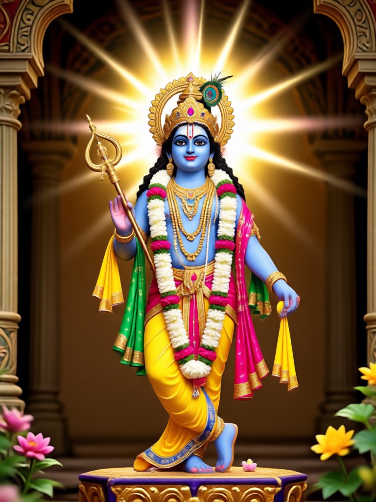 Krishna dalam pose dinamis memainkan seruling
