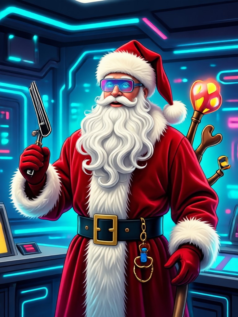 Jolly Santa holding virtual presents