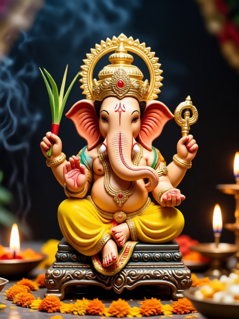 Close up Aarti flame on Ganesha idol AI