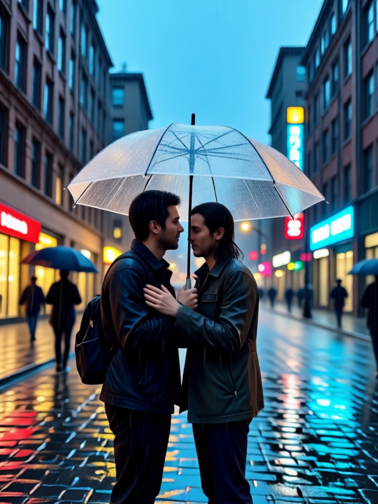 Cinematic slow motion rain hug
