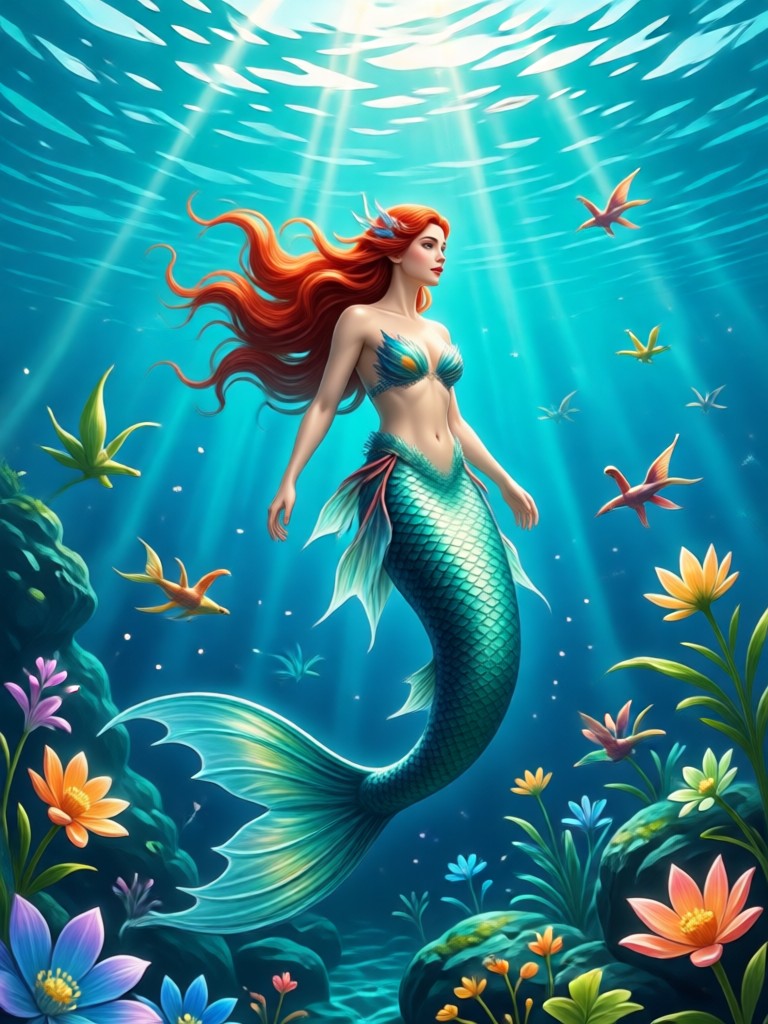 Sirena estilo anime tierna con ojos grandes y cola colorida