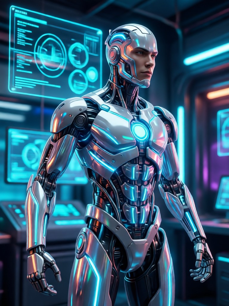 Pahlawan aksi netrunner cyberpunk dalam hujan neon