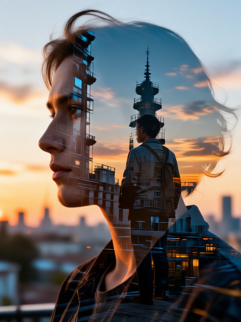 Couple double exposure with mountain landscape overlay