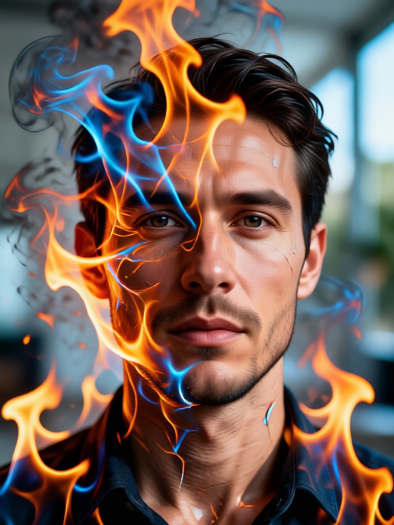 Double exposure of dancer with abstract flames