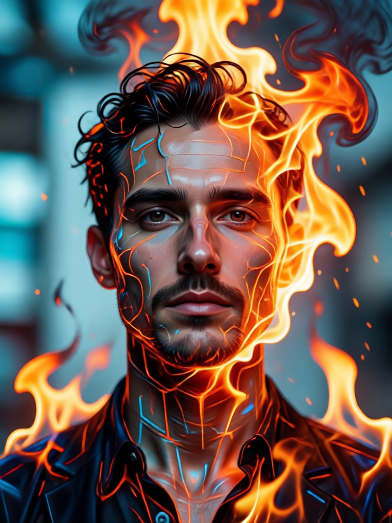 Blue flame double exposure male portrait