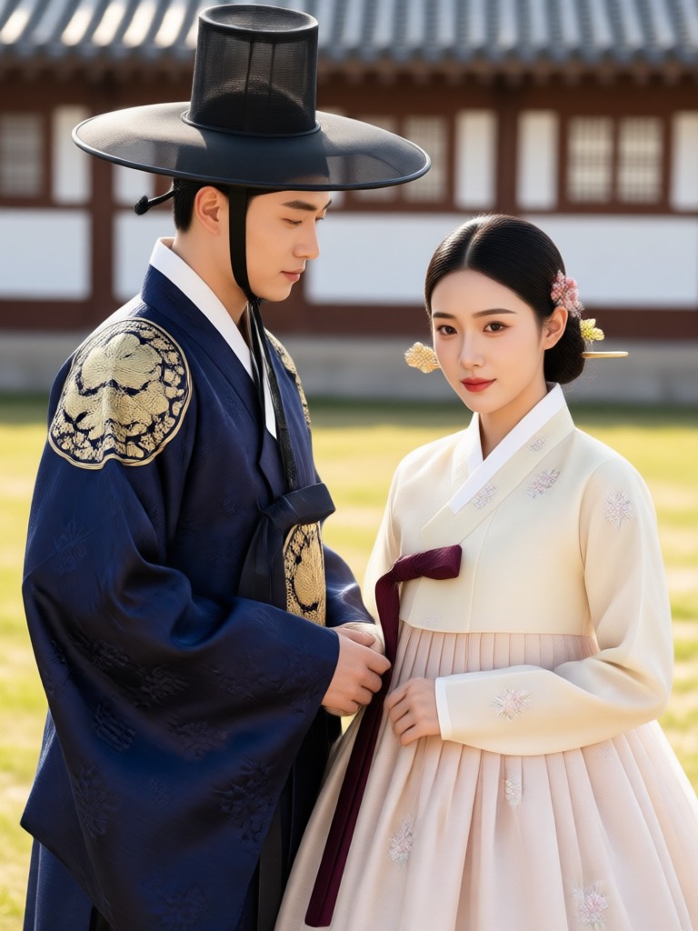 Casual modern Hanbok couple in contemporary setting