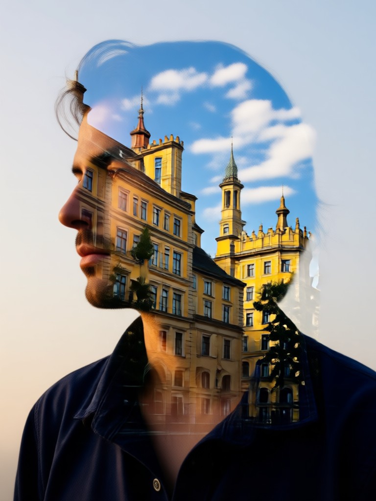Urban double exposure with city skyline