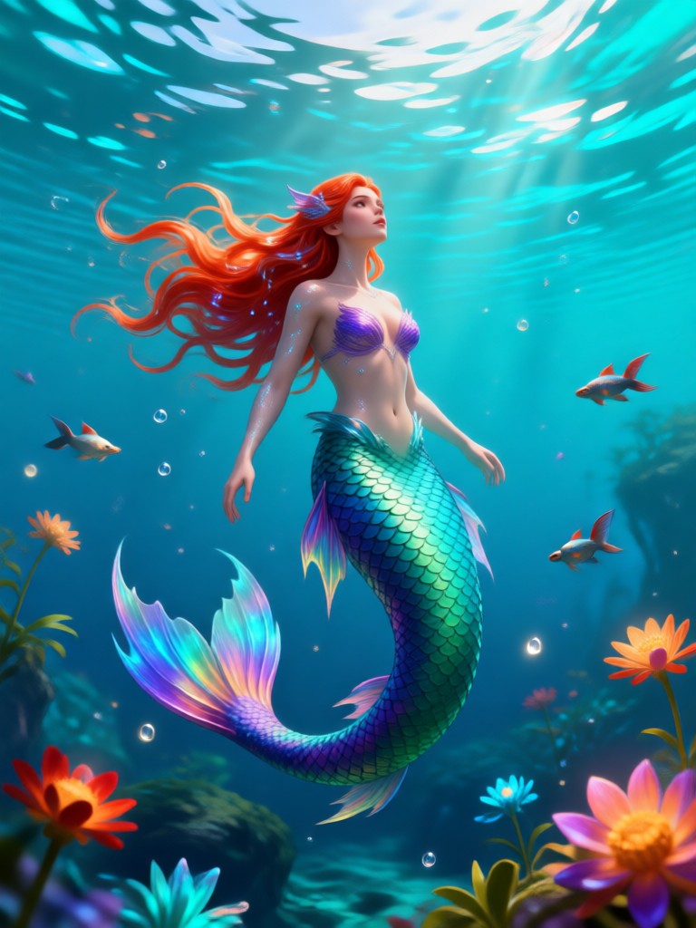 Sirena juguetona con peces tropicales en un arrecife bañado por el sol