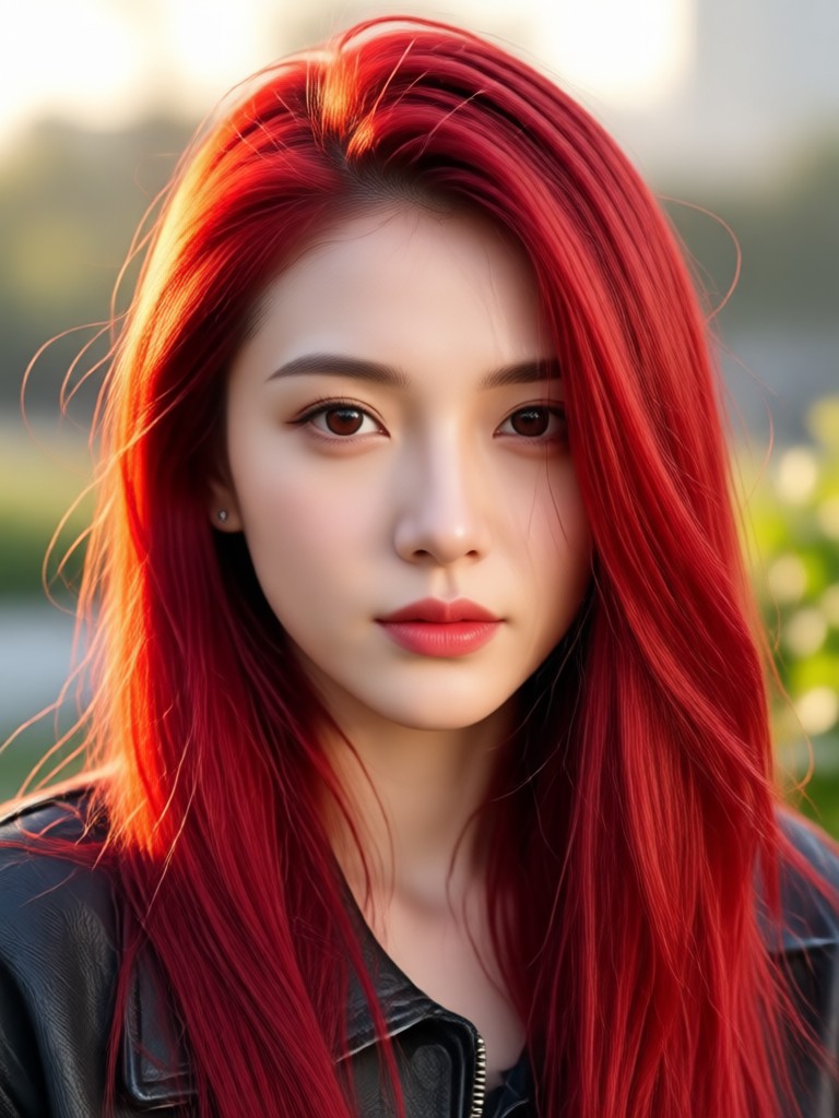 Vibrant crimson red hair filter on curly hair