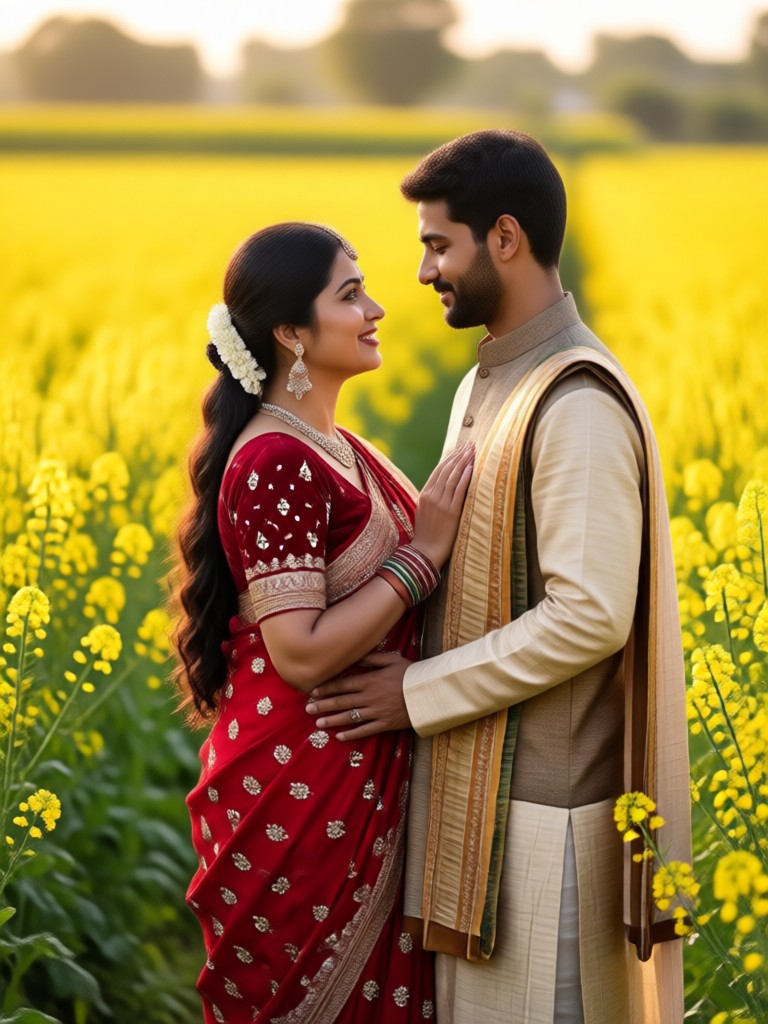Indian couple in mustard field at sunset