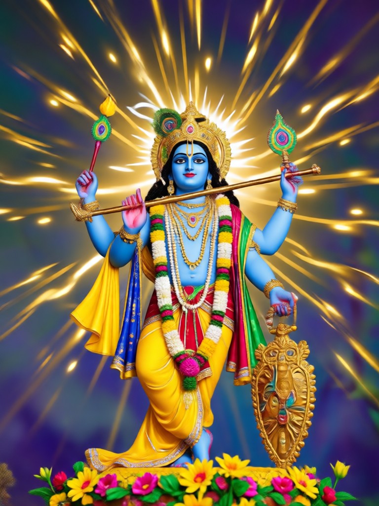 Krishna dengan senyum lembut dan bunga teratai