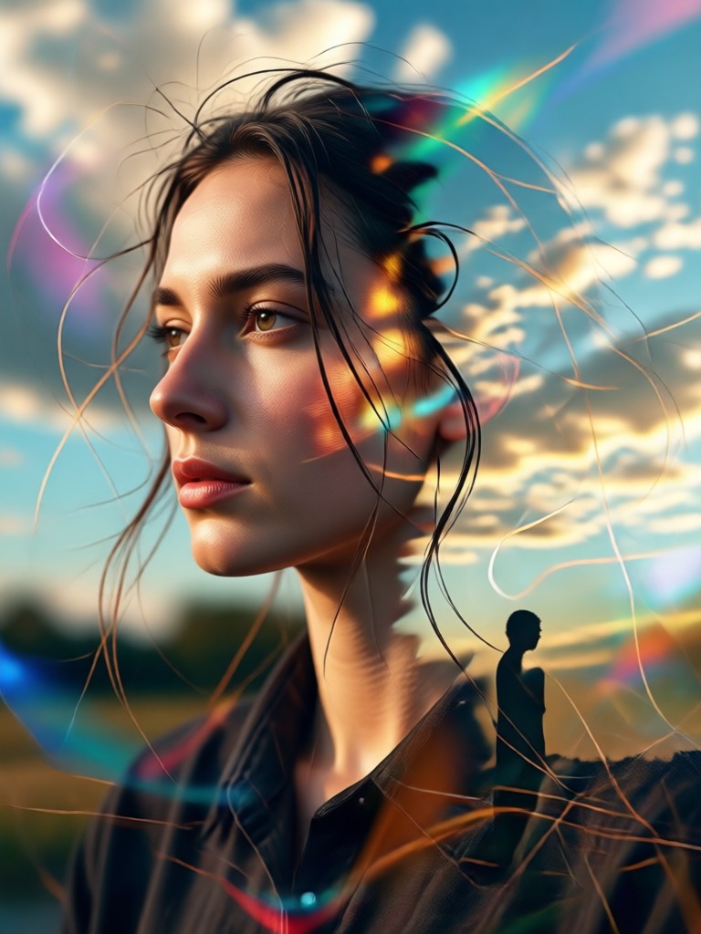 Portrait fused with flowing river and forest texture