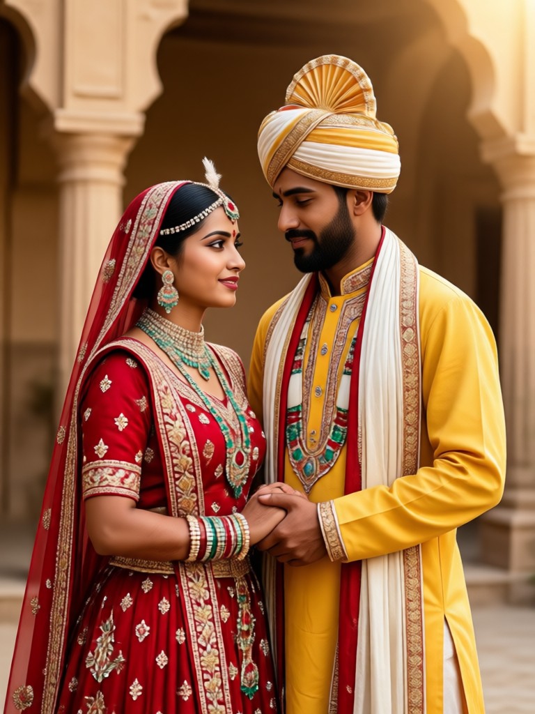 Couple in royal Rajasthani wedding attire