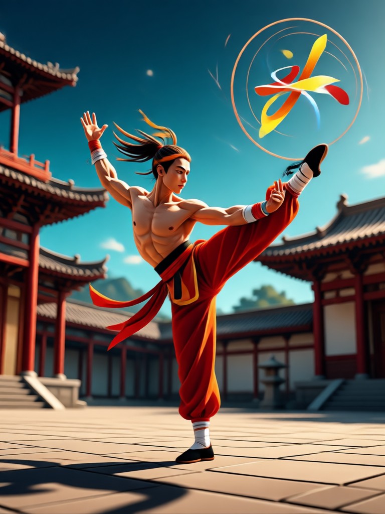 Traditional Tai Chi form in a serene garden setting