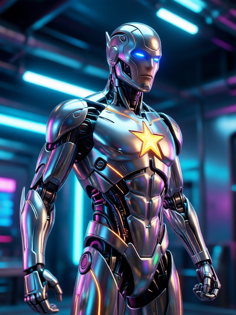 AI action hero with robotic arm and futuristic HUD overlay