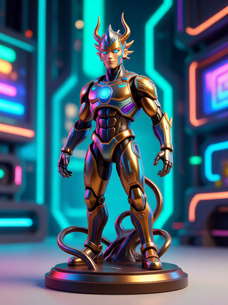 A 3D render style figurine of a robot on a stand