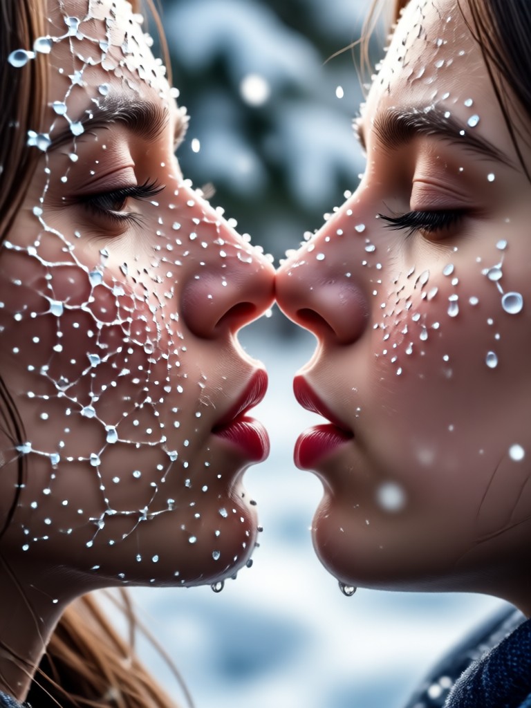 Couple kissing under streetlamp in snowfall