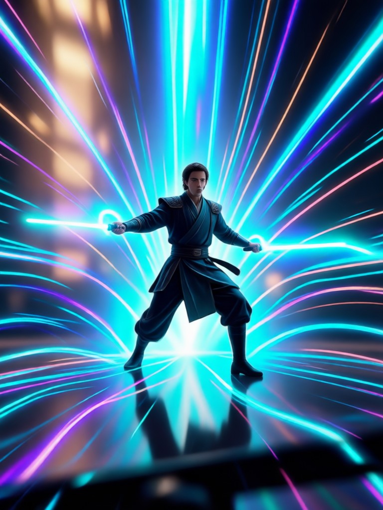 Character in Jedi robes with a green lightsaber